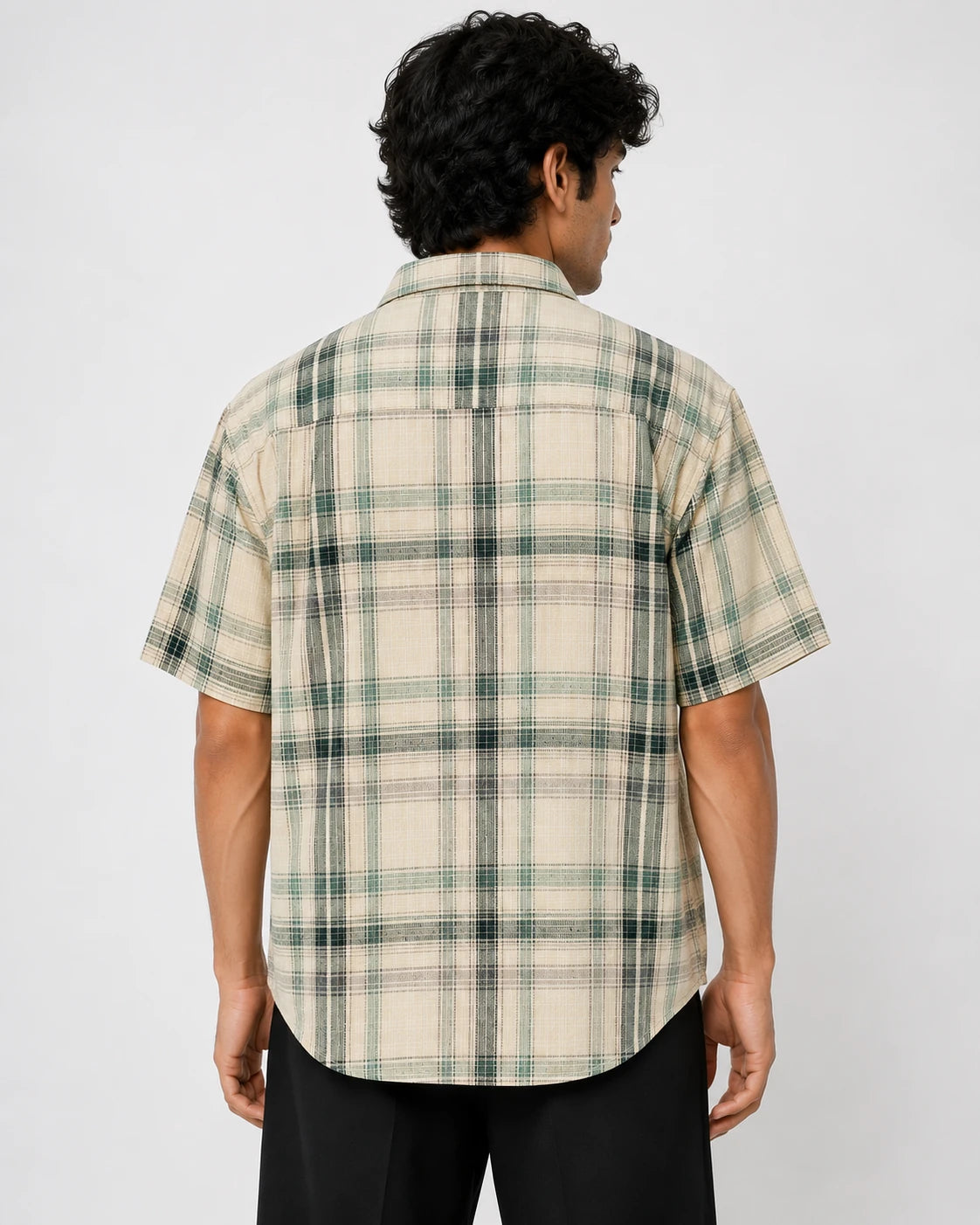 Men's Beige & Olive Plaid Oversized Half Sleeve Shirt | DNM BLX Graphic Print