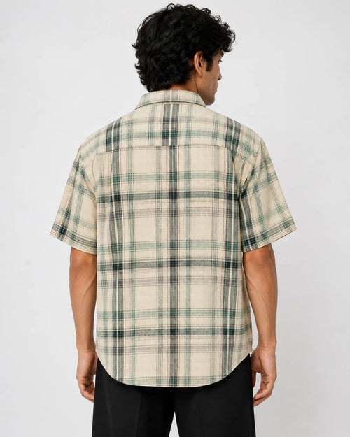 DS Men's Beige & Olive Plaid Oversized Shirt | DNM BLX Graphic Print