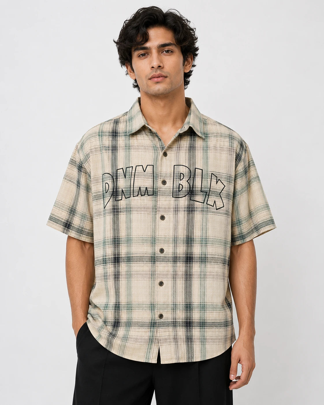 Men's Beige & Olive Plaid Oversized Half Sleeve Shirt | DNM BLX Graphic Print