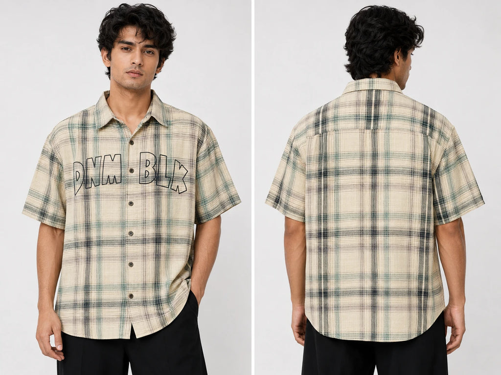 Men's Beige & Olive Plaid Oversized Half Sleeve Shirt | DNM BLX Graphic Print
