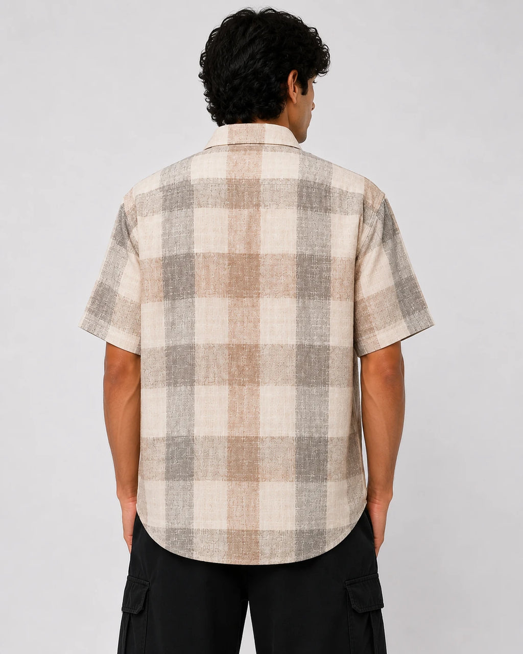 Men's Beige & Grey Checkered Oversized Half Sleeve Shirt | DNM BLX Graphic Print