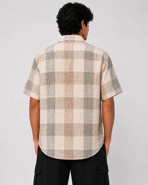 DS Men's Beige & Grey Checkered Oversized Shirt | DNM BLX Graphic Print