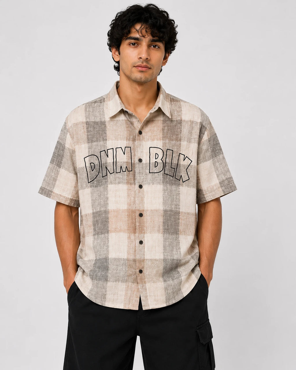 Men's Beige & Grey Checkered Oversized Half Sleeve Shirt | DNM BLX Graphic Print