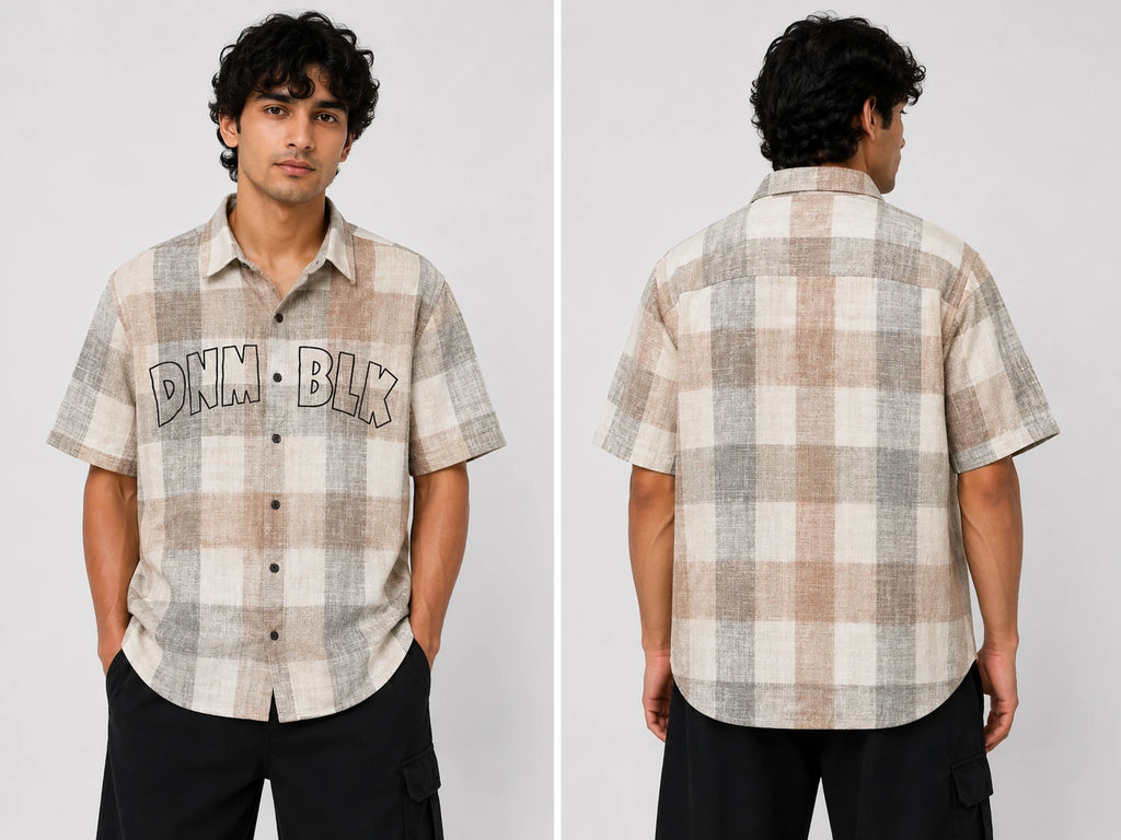 Men's Beige & Grey Checkered Oversized Half Sleeve Shirt | DNM BLX Graphic Print
