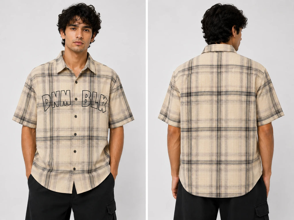 Men's Beige & Charcoal Plaid Oversized Half Sleeve Shirt | DNM BLX Graphic Print
