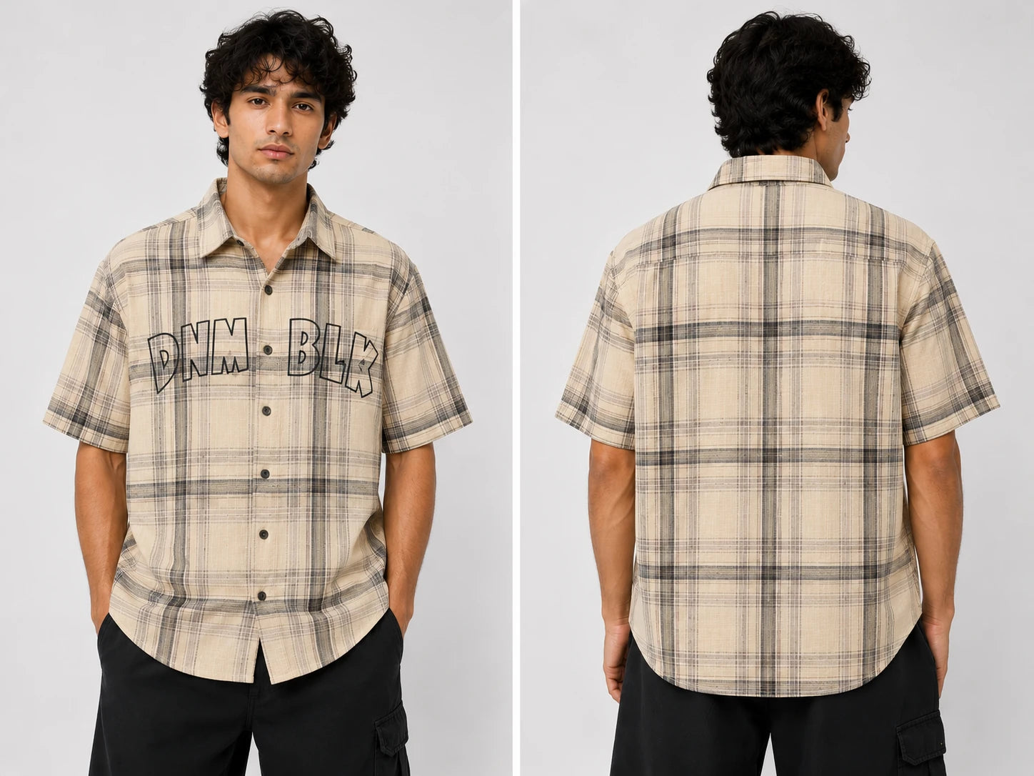 Men's Beige & Charcoal Plaid Oversized Half Sleeve Shirt | DNM BLX Graphic Print