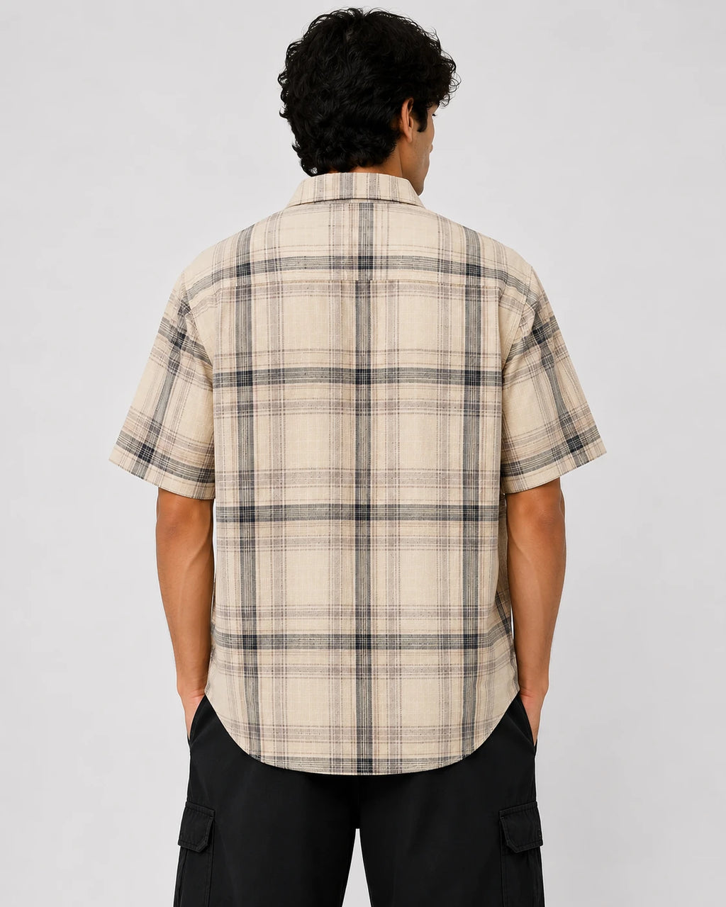 Men's Beige & Charcoal Plaid Oversized Half Sleeve Shirt | DNM BLX Graphic Print