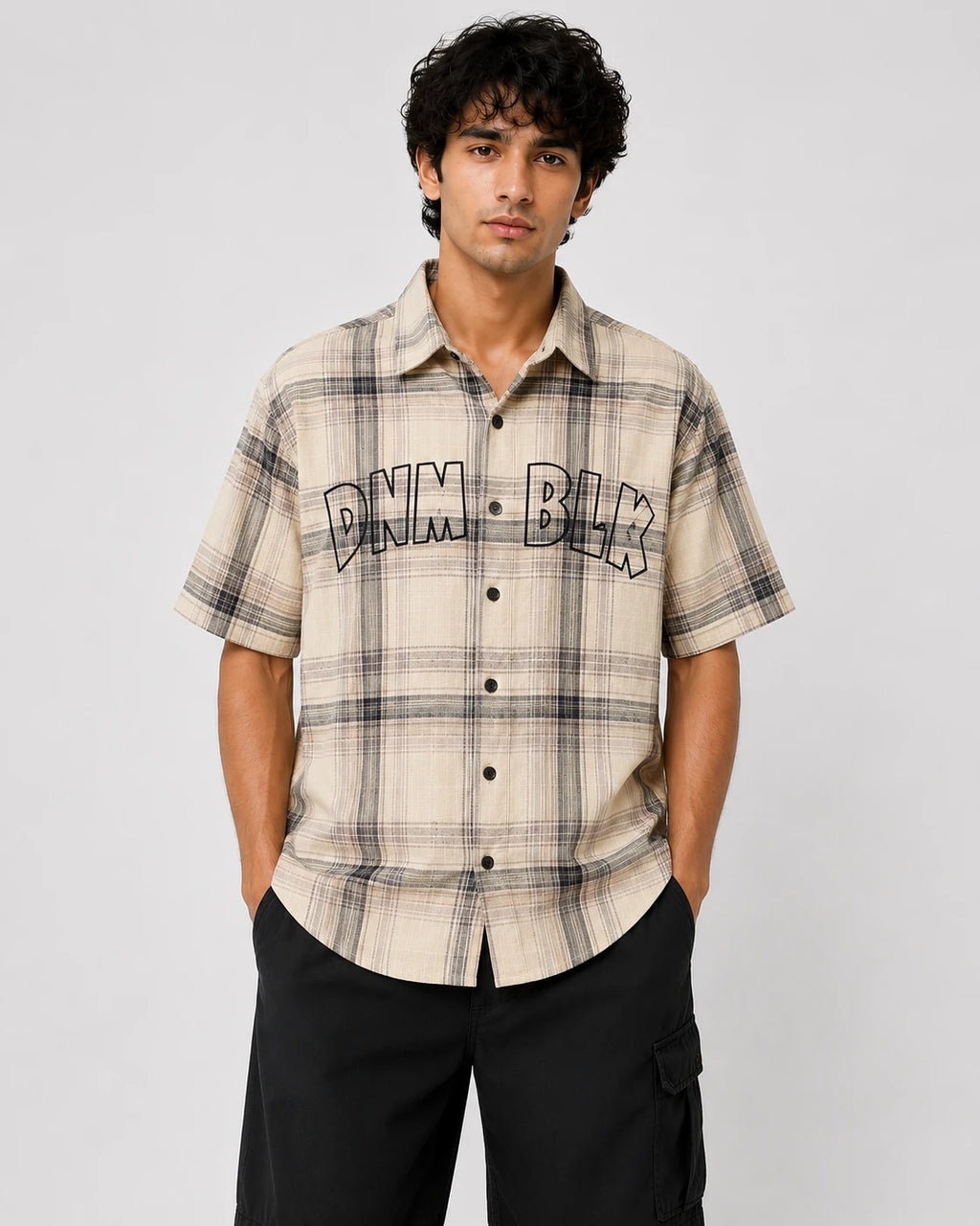 Men's Beige & Charcoal Plaid Oversized Half Sleeve Shirt | DNM BLX Graphic Print