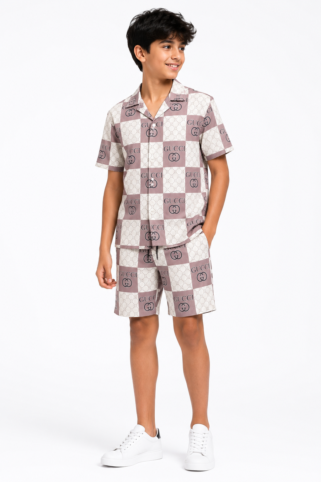 Boys Premium Printed Co-Ord Set | Half Sleeve Shirt & Shorts | Beige