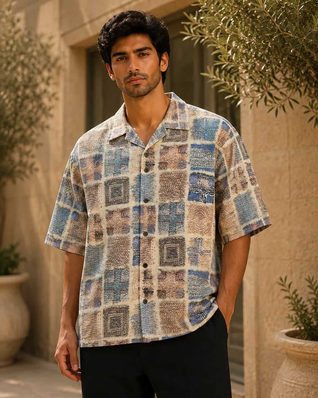 Men's Patchwork Geometric Print Half Sleeve Casual Shirt – Relaxed Fit | Blue & Beige