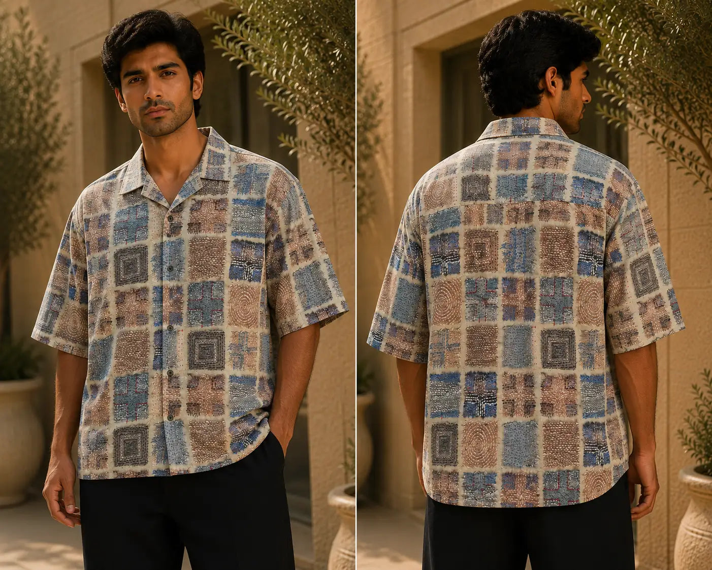 Men's Patchwork Geometric Print Half Sleeve Casual Shirt – Relaxed Fit | Blue & Beige