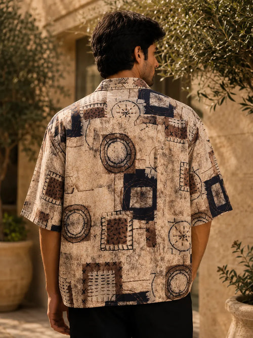 DS Men's Abstract Patchwork Print Half Sleeve Casual Shirt – Relaxed Fit | Beige & Brown