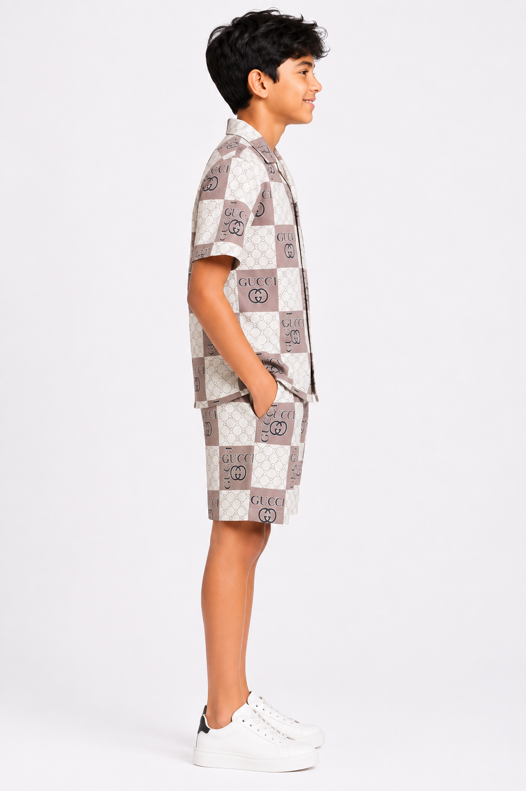 Boys Premium Printed Co-Ord Set | Half Sleeve Shirt & Shorts | Beige