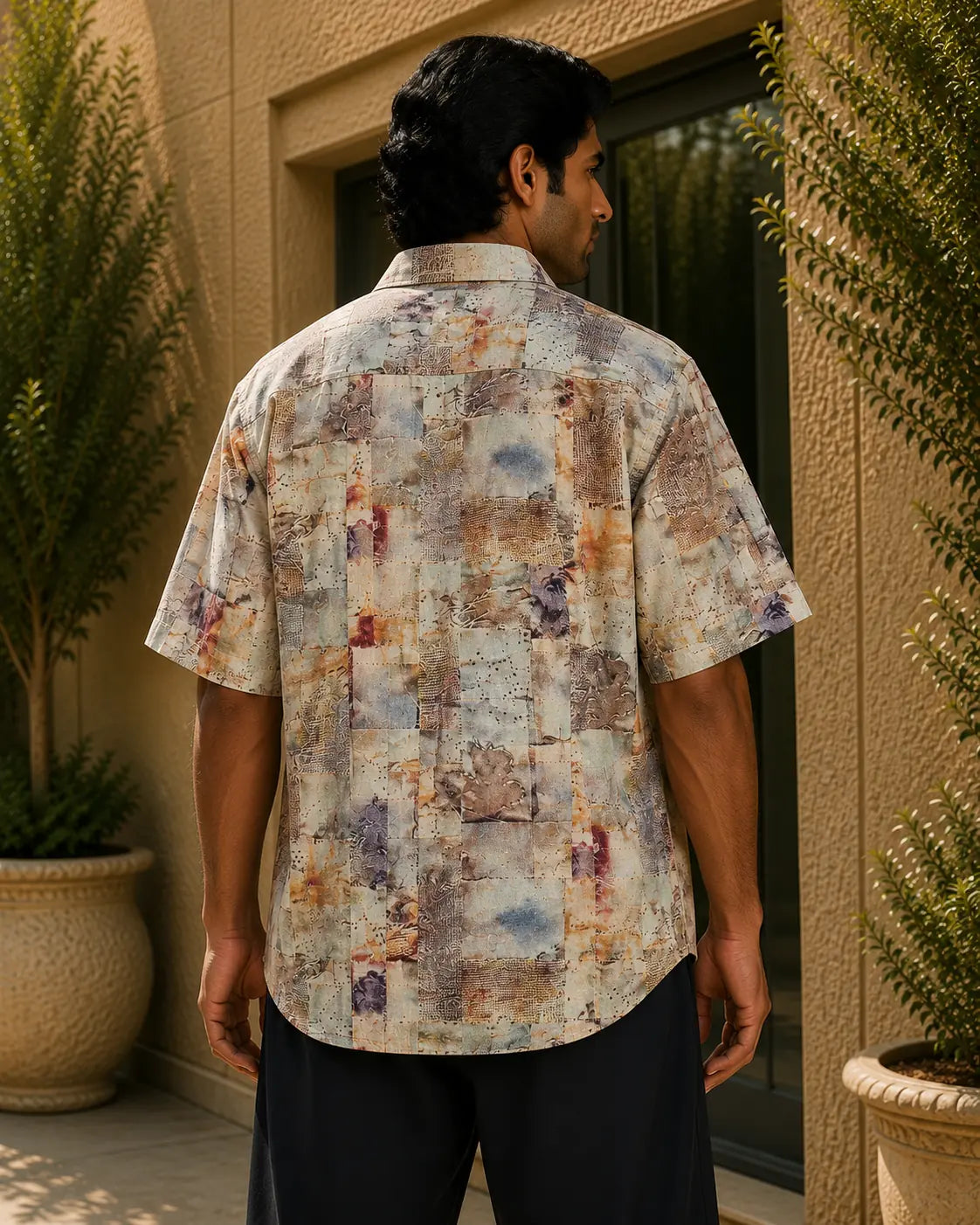 Men's Vintage Patchwork Print Half Sleeve Casual Shirt – Relaxed Fit | Multicolor Beige