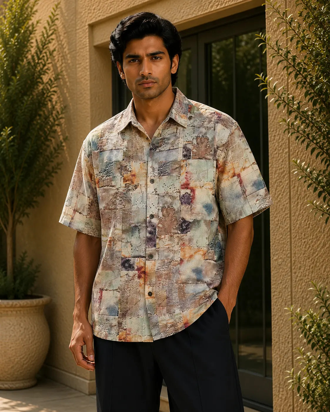 Men's Vintage Patchwork Print Half Sleeve Casual Shirt – Relaxed Fit | Multicolor Beige