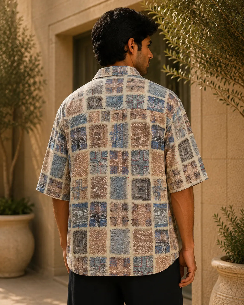 Men's Patchwork Geometric Print Half Sleeve Casual Shirt – Relaxed Fit | Blue & Beige
