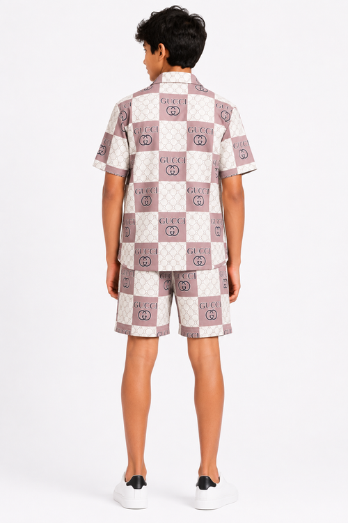 Boys Premium Printed Co-Ord Set | Half Sleeve Shirt & Shorts | Beige