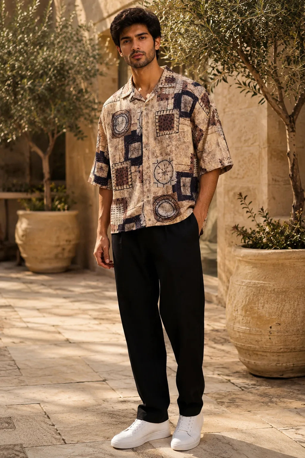 Men's Abstract Patchwork Print Half Sleeve Casual Shirt – Relaxed Fit | Beige & Brown