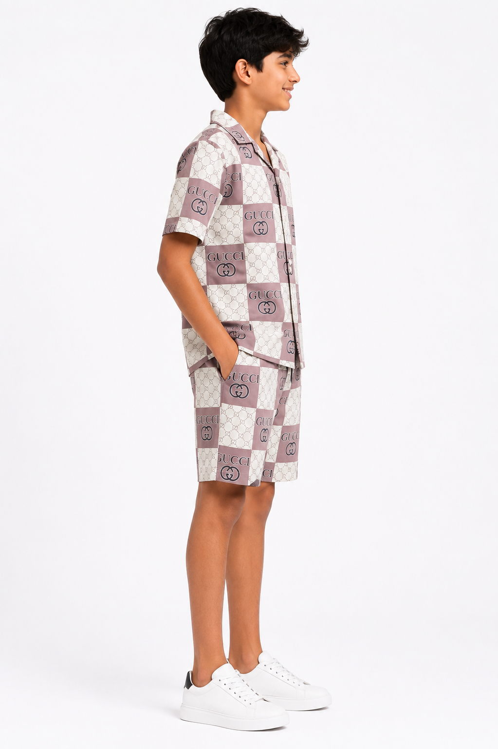 Boys Premium Printed Co-Ord Set | Half Sleeve Shirt & Shorts | Beige