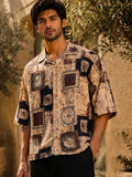 Men's Abstract Patchwork Print Half Sleeve Casual Shirt – Relaxed Fit | Beige & Brown