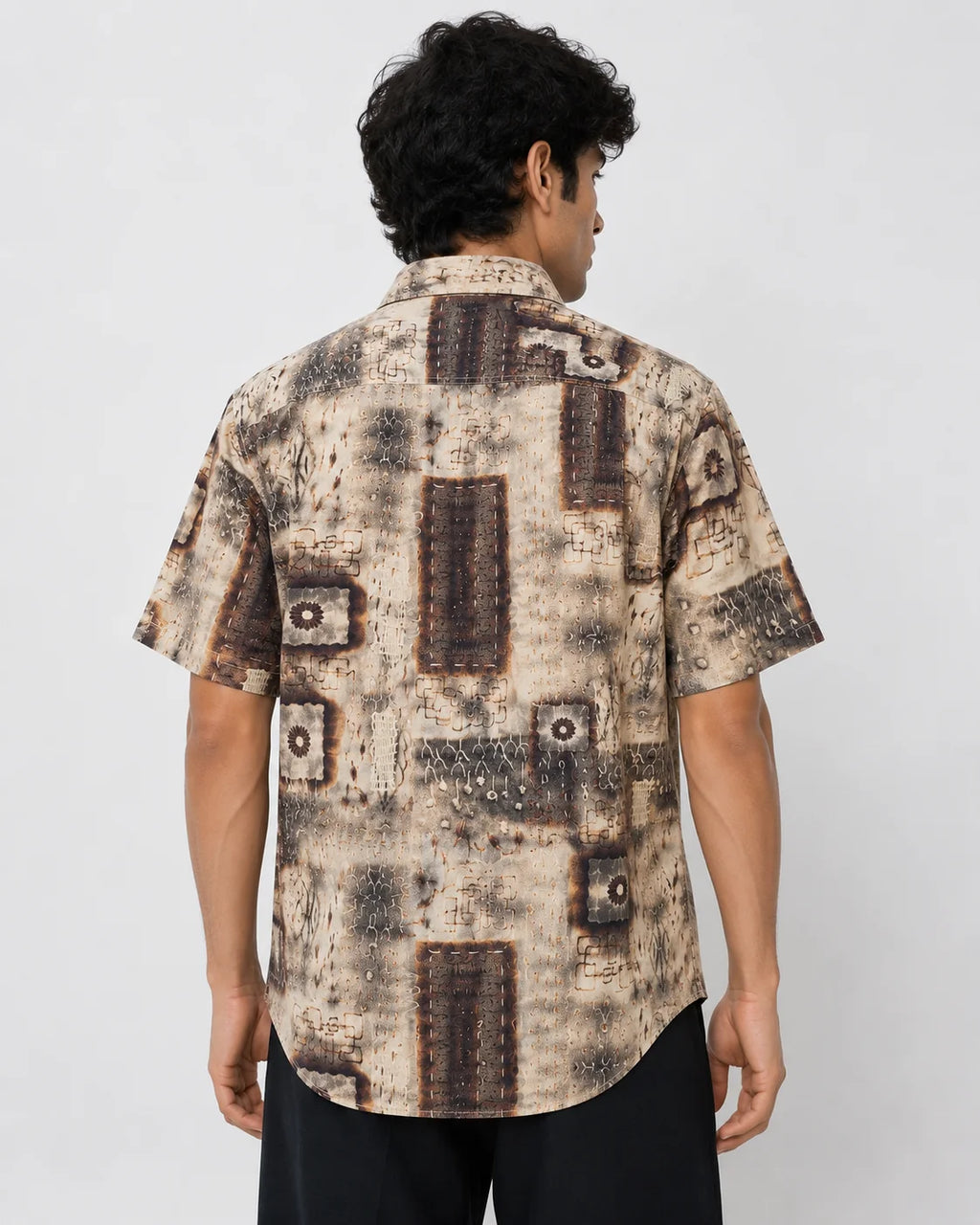 Men's Vintage Geometric Print Half Sleeve Casual Shirt – Relaxed Fit | Beige & Brown