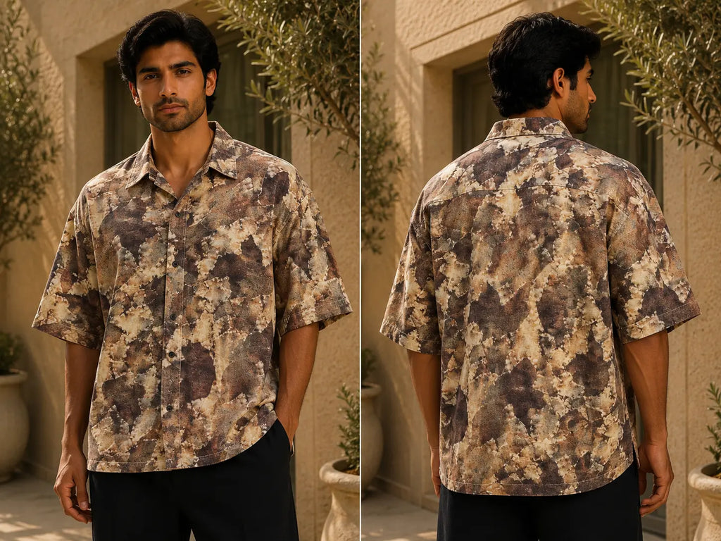 Men's Earth Tone Abstract Print Half Sleeve Casual Shirt – Relaxed Fit | Brown & Beige