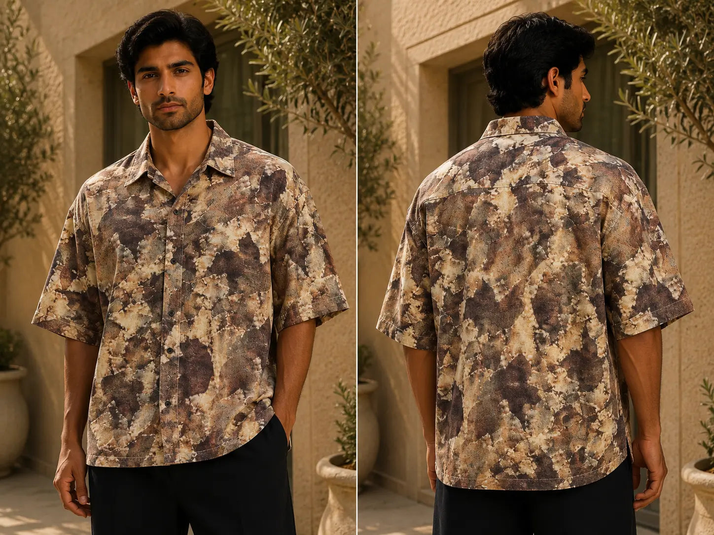 Men's Earth Tone Abstract Print Half Sleeve Casual Shirt – Relaxed Fit | Brown & Beige