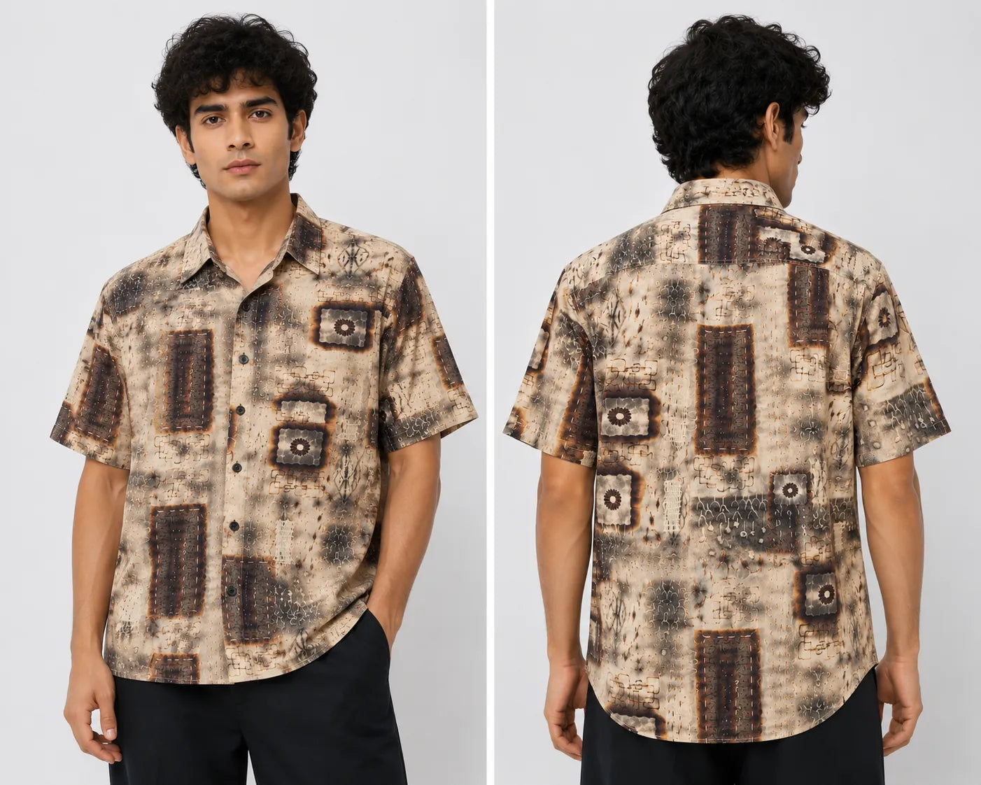 Men's Vintage Geometric Print Half Sleeve Casual Shirt – Relaxed Fit | Beige & Brown