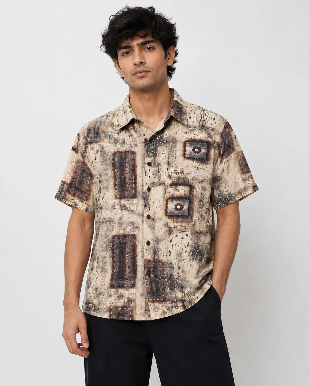 Men's Vintage Geometric Print Half Sleeve Casual Shirt – Relaxed Fit | Beige & Brown