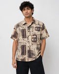 Men's Vintage Geometric Print Half Sleeve Casual Shirt – Relaxed Fit | Beige & Brown