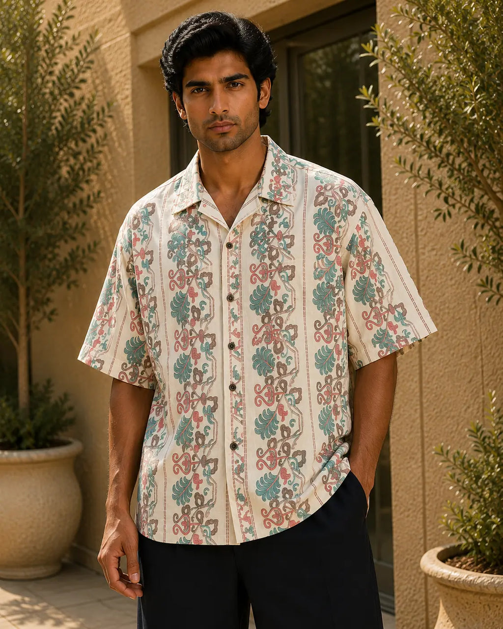 Men's Vintage Floral Stripe Print Half Sleeve Casual Shirt – Relaxed Fit | Off White Multi