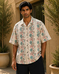 Men's Vintage Floral Stripe Print Half Sleeve Casual Shirt – Relaxed Fit | Off White Multi