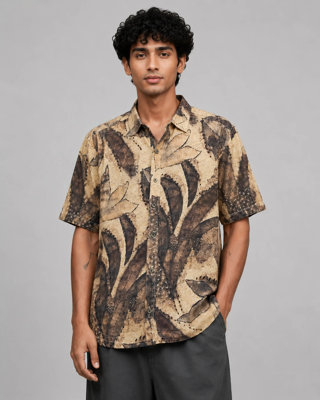 Men's Beige Leaf Print Half Sleeve Casual Shirt | Relaxed Fit Cuban Collar