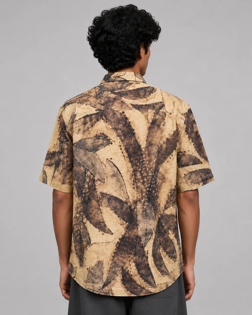 DS Men's Beige Leaf Print Half Sleeve Casual Shirt | Relaxed Fit Cuban Collar