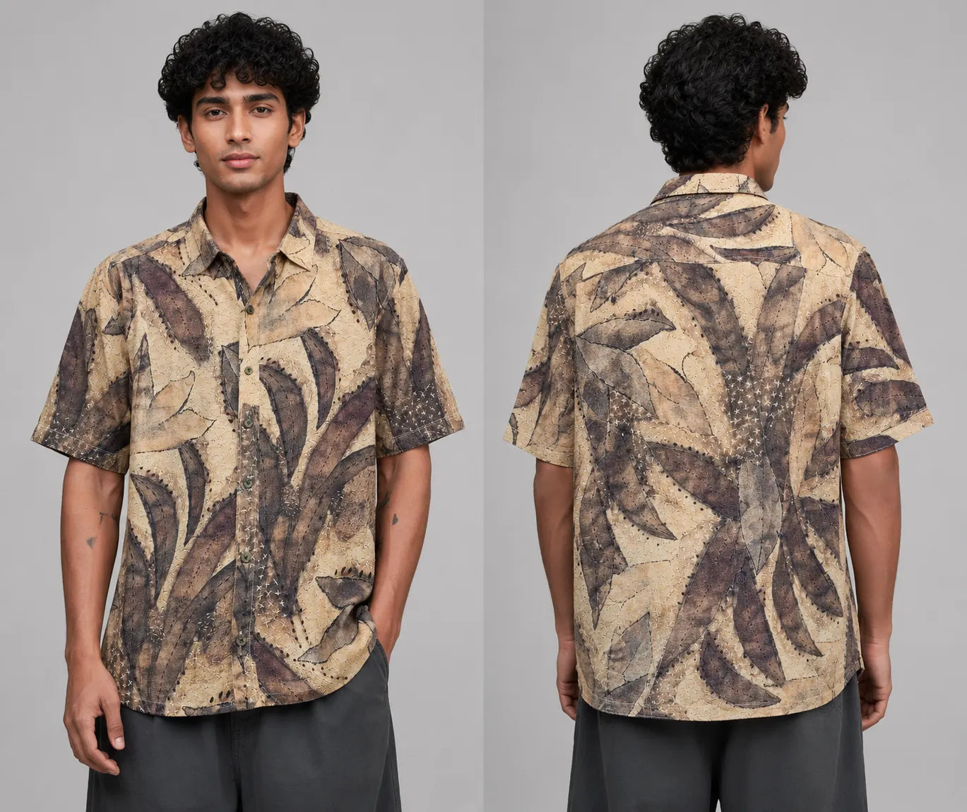 Men's Beige Leaf Print Half Sleeve Casual Shirt | Relaxed Fit Cuban Collar