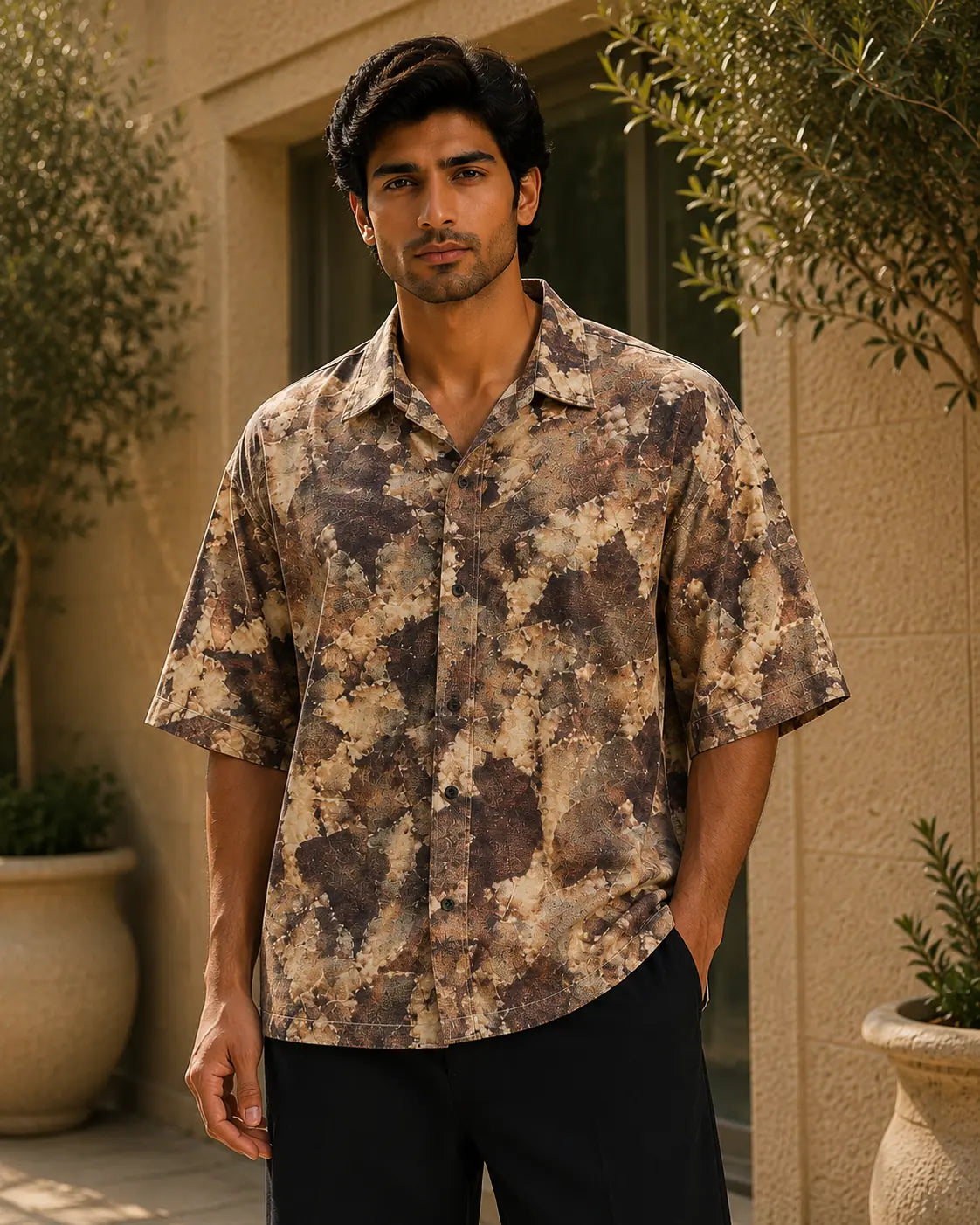 Men's Earth Tone Abstract Print Half Sleeve Casual Shirt – Relaxed Fit | Brown & Beige