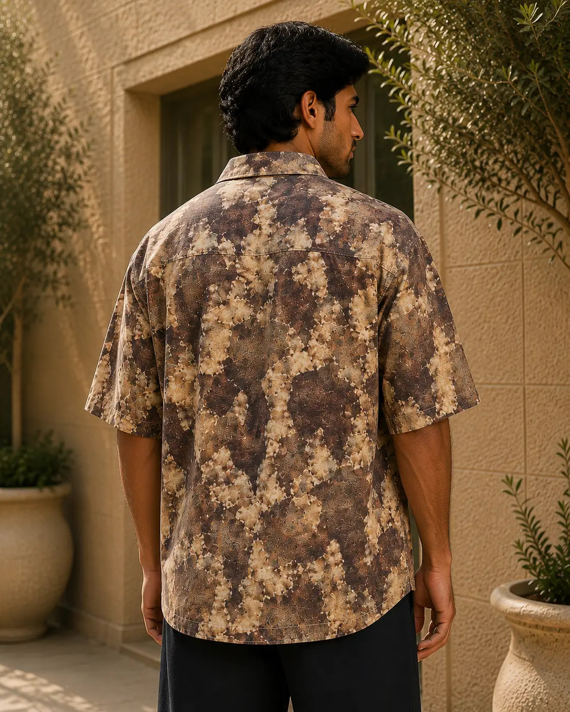 Men's Earth Tone Abstract Print Half Sleeve Casual Shirt – Relaxed Fit | Brown & Beige