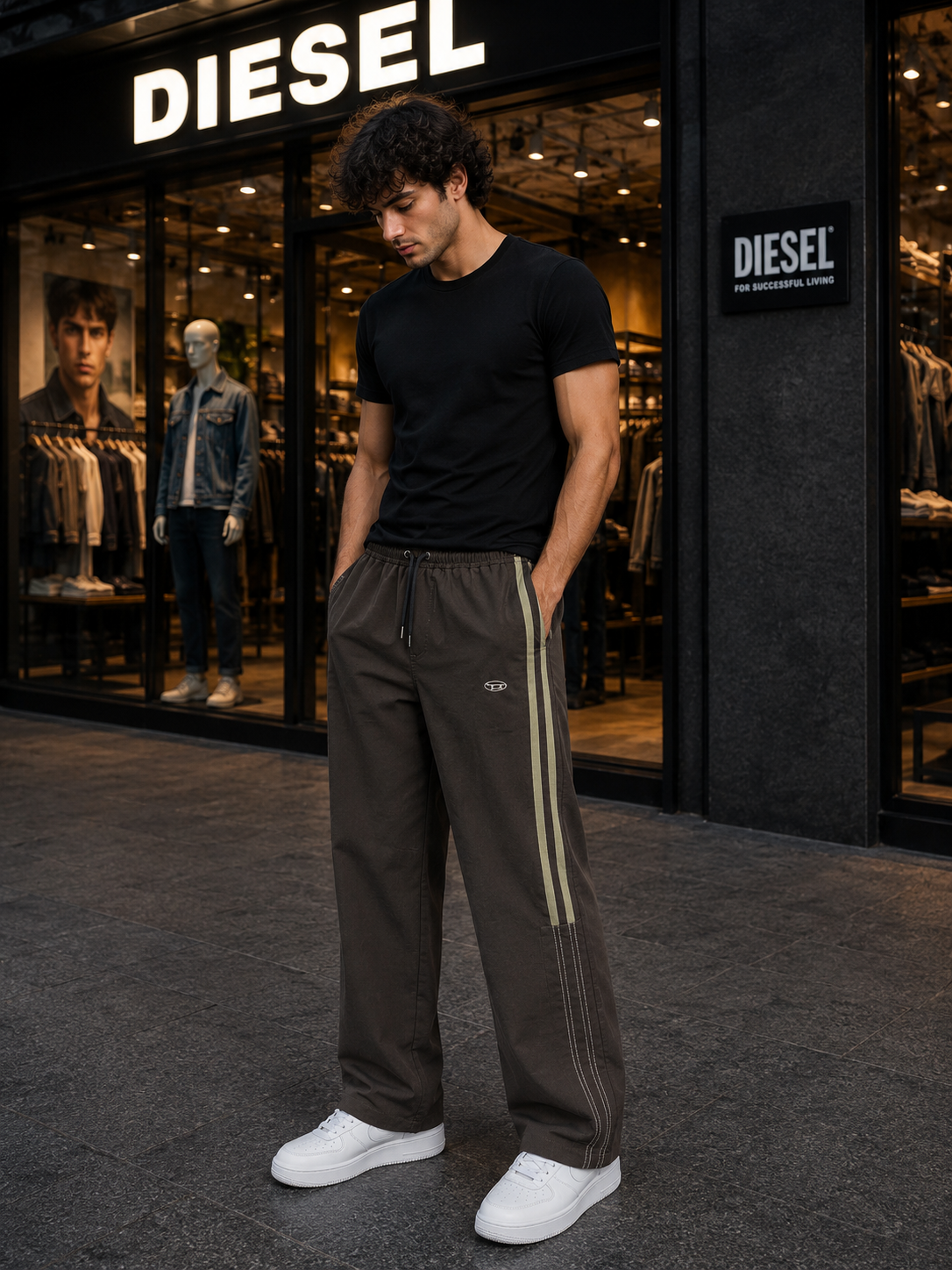 Diesel Crush Terry Wide-Leg Side Stripe Track Pants for Men