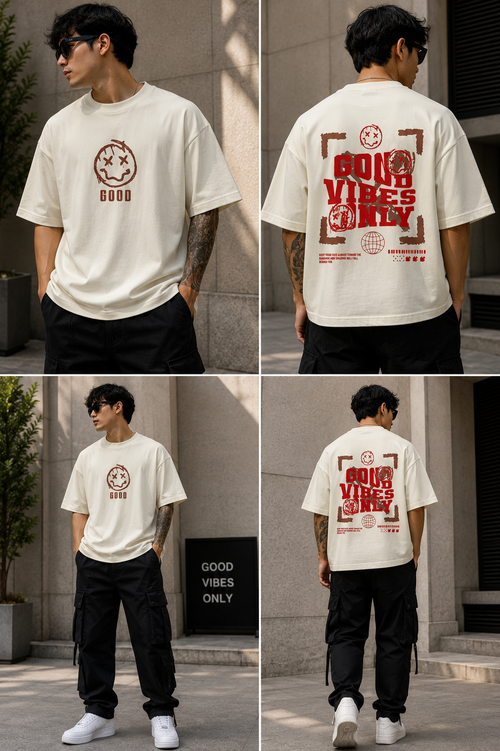 Premium Oversized “Good Vibes Only” Graphic T-Shirt for Men | Streetwear Cotton Round Neck Tee