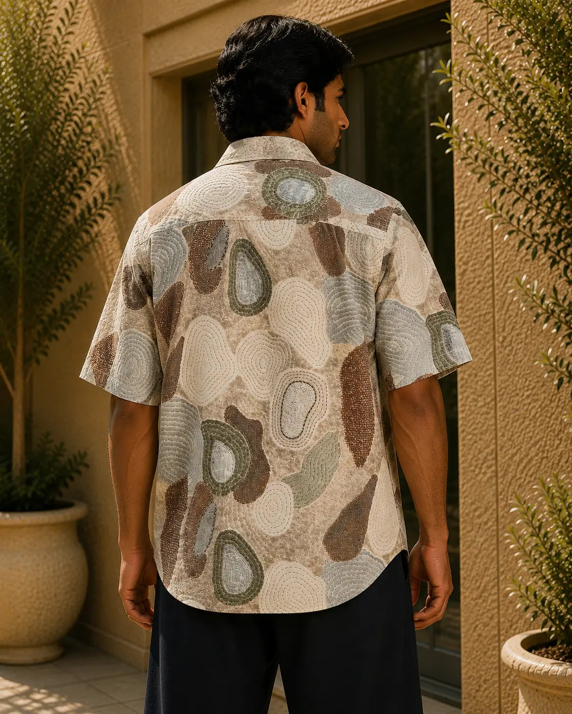 Men's Abstract Earth Tone Print Half Sleeve Casual Shirt – Relaxed Fit | Beige Multi