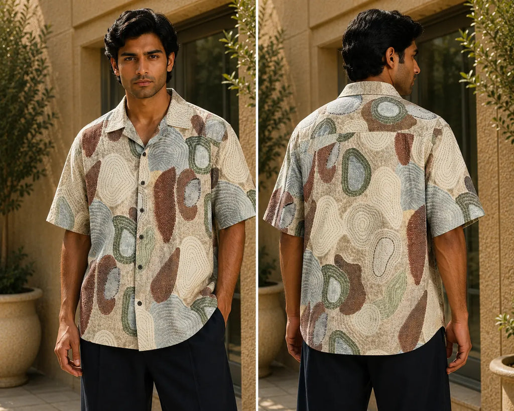 Men's Abstract Earth Tone Print Half Sleeve Casual Shirt – Relaxed Fit | Beige Multi