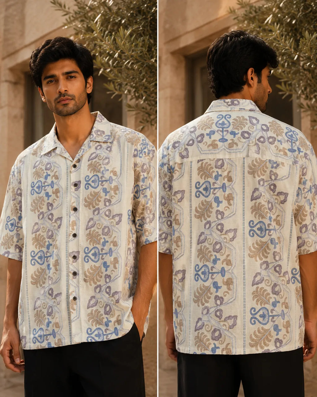 Men's Heritage Floral Print Half Sleeve Casual Shirt – Relaxed Fit | White, Blue & Beige