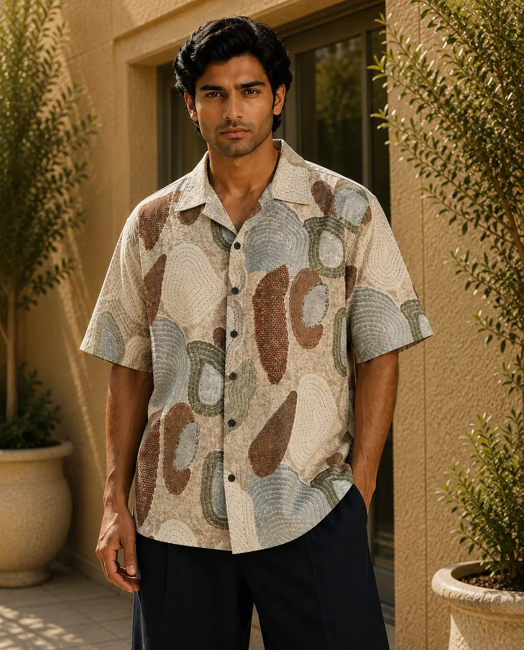 Men's Abstract Earth Tone Print Half Sleeve Casual Shirt – Relaxed Fit | Beige Multi