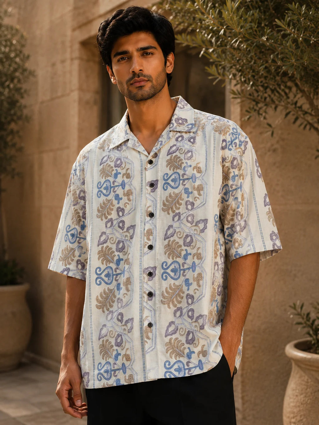 Men's Heritage Floral Print Half Sleeve Casual Shirt – Relaxed Fit | White, Blue & Beige