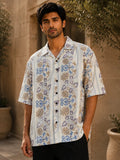 Men's Heritage Floral Print Half Sleeve Casual Shirt – Relaxed Fit | White, Blue & Beige